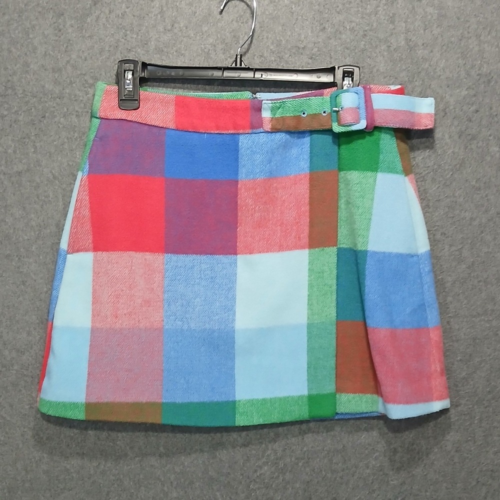 Sz 4 Plaid Multi Fleece Mini Skirt Kilt Buckle Belt Chic Funky Mod Retro Y2K